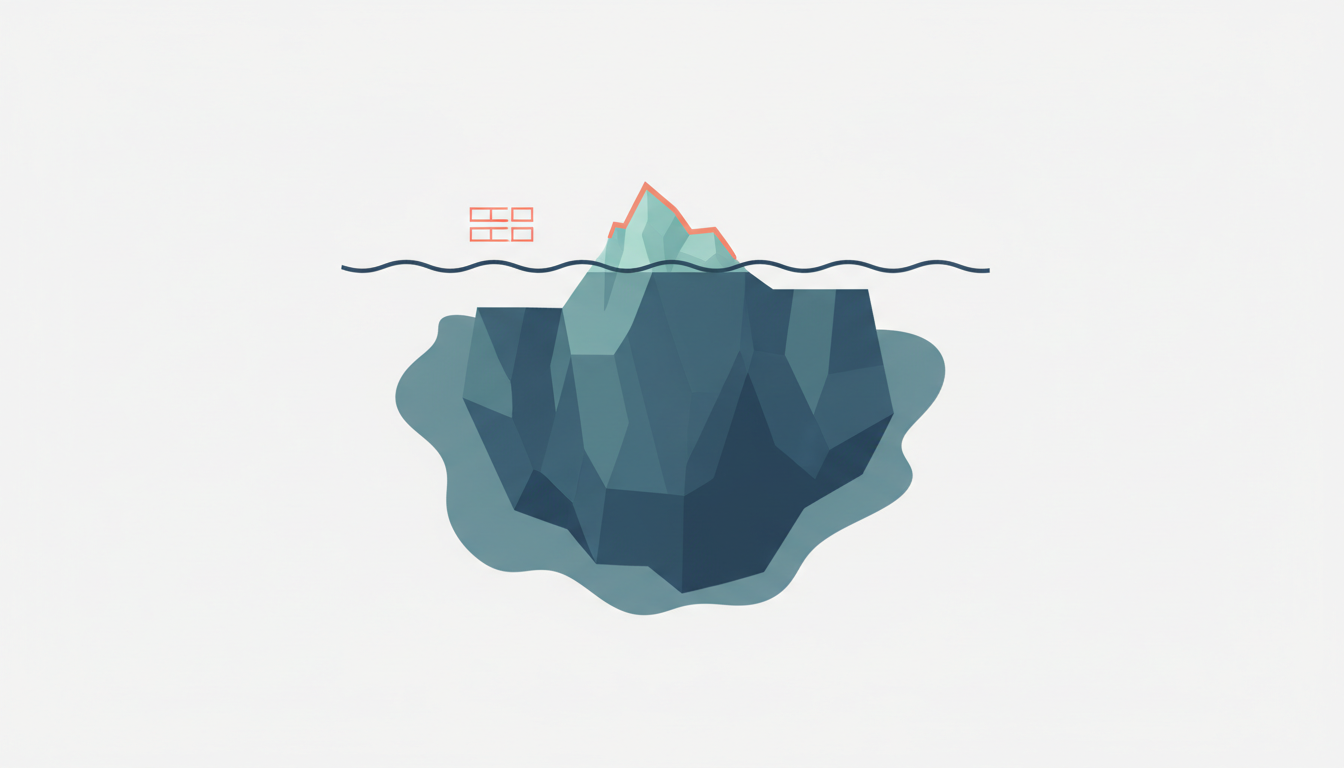 Conceptual illustration of an iceberg: a small tip above the waterline over a vast submerged mass, representing the sliver of expertise advisors declare versus the large body demonstrated in their working context